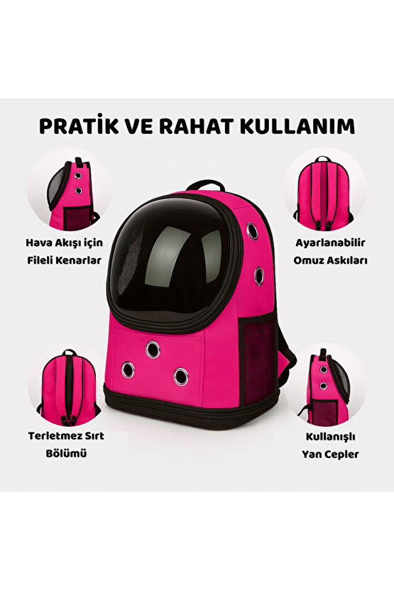 Yıkanabilir Şeffaf Kedi ve Köpek Taşıma Çantası 7 Hava Kanalı Fileli Ceplerle Pratik Kullanım Pembe