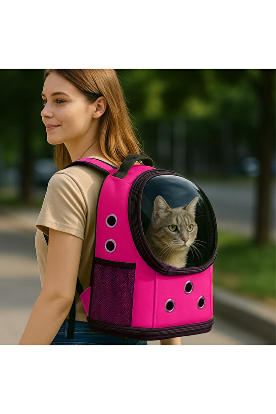 Yıkanabilir Şeffaf Kedi ve Köpek Taşıma Çantası 7 Hava Kanalı Fileli Ceplerle Pratik Kullanım Pembe
