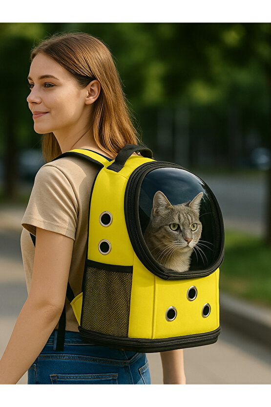 Yıkanabilir Şeffaf Kedi ve Köpek Taşıma Çantası 7 Hava Kanalı Fileli Ceplerle Pratik Kullanım Sarı