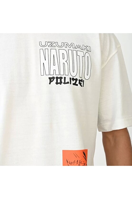 Unisex Bisiklet Yaka Baskılı Oversize T-Shirt - Beyaz