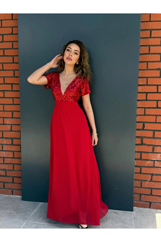 MDB Kadın Kısa Kollu Derin V Yakalı A Kesim Pulpayet Detaylı şifon Nedime Elbisesi