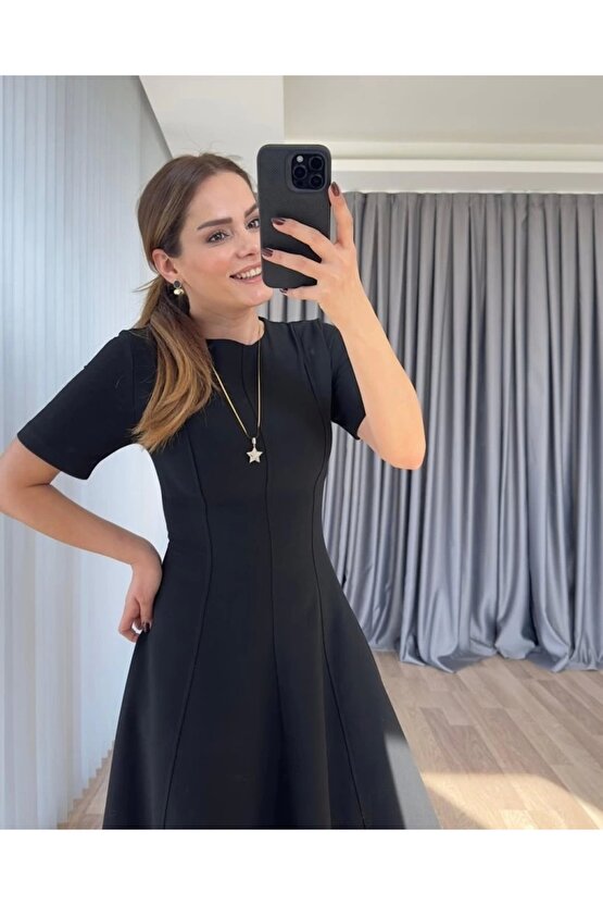 Kadın Kısa Kollu Bisiklet Yaka Maksi Boy Ithal Krep Elbise