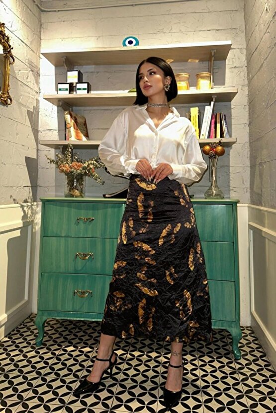 Gökyüzü Moda Siyah Baskılı Kroşetalı Etek