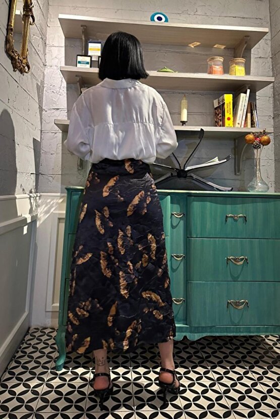 Gökyüzü Moda Siyah Baskılı Kroşetalı Etek