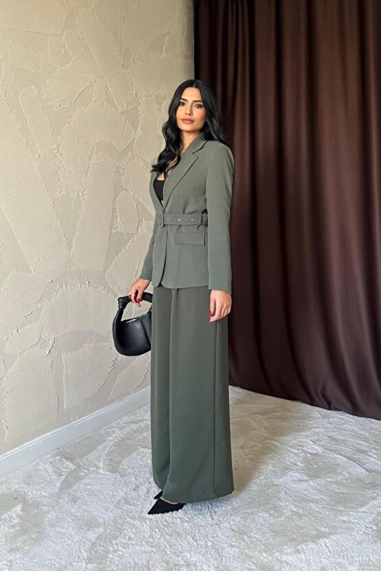 Gökyüzü Moda Haki Cep Kapaklı Ve Kemerli Ceket