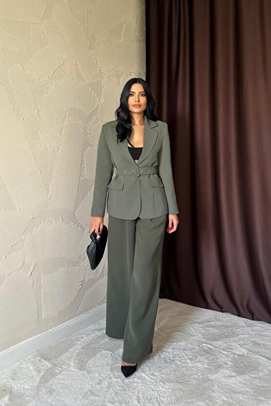 Gökyüzü Moda Haki Cep Kapaklı Ve Kemerli Ceket