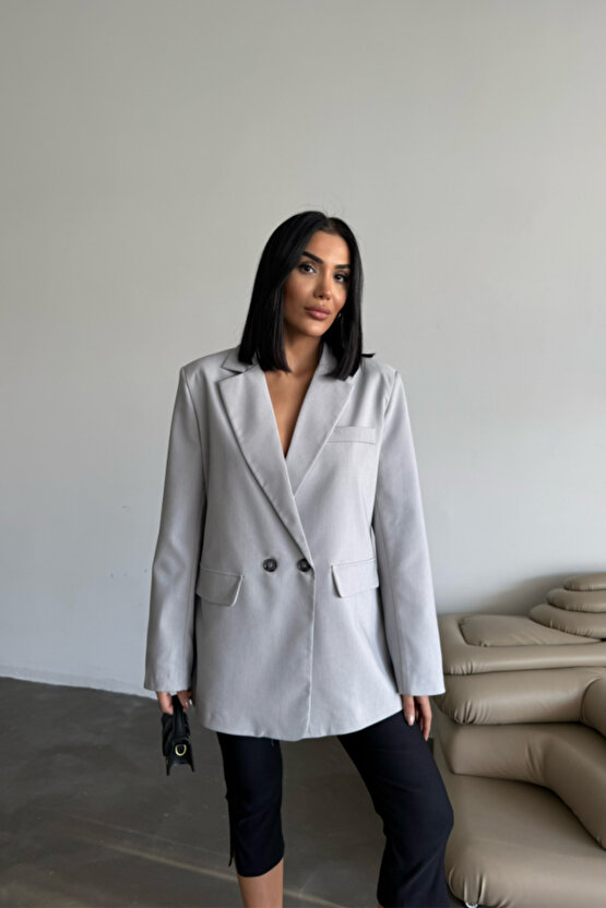 Gökyüzü Moda ARKASI YIRTMAÇ DETAYLI CEKET - Gri