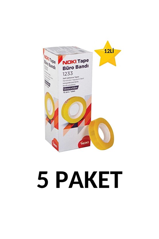 5 Paket (60 Adet) 12mmx33m Şeffaf Büro Bandı Para Bandı