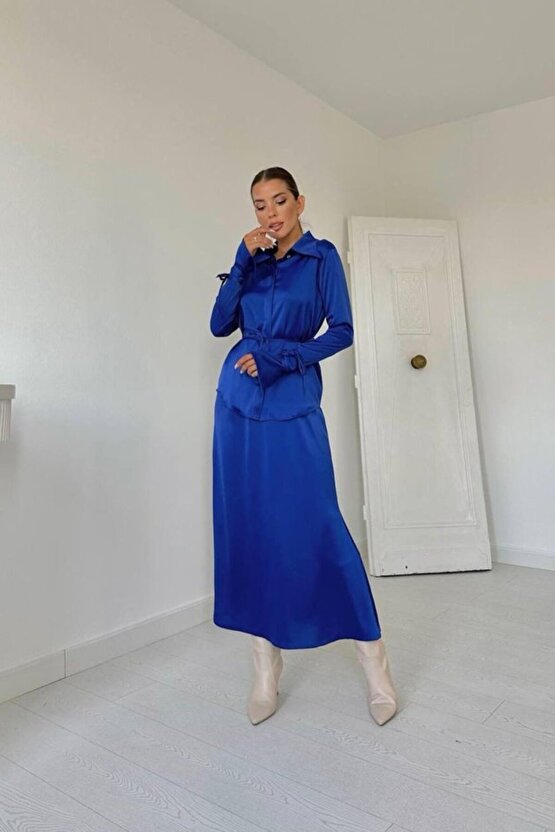 Kendim Fashion Saks Biyeli Gömlek Ve Etek Takım