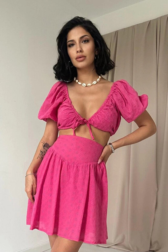 Fuşya Brode Crop Ve Mini Etek Takım