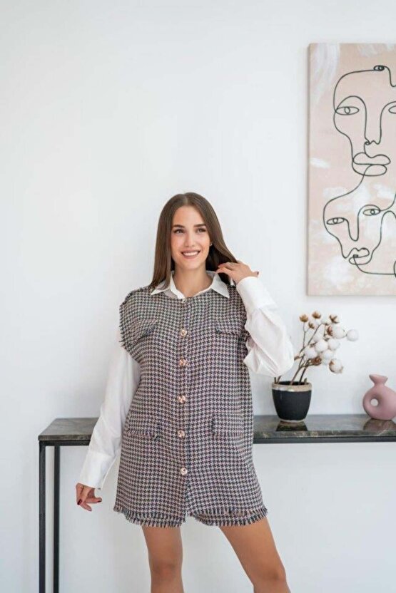 Mavi Kazayağı Desenli Yelek Ve Şort Takım