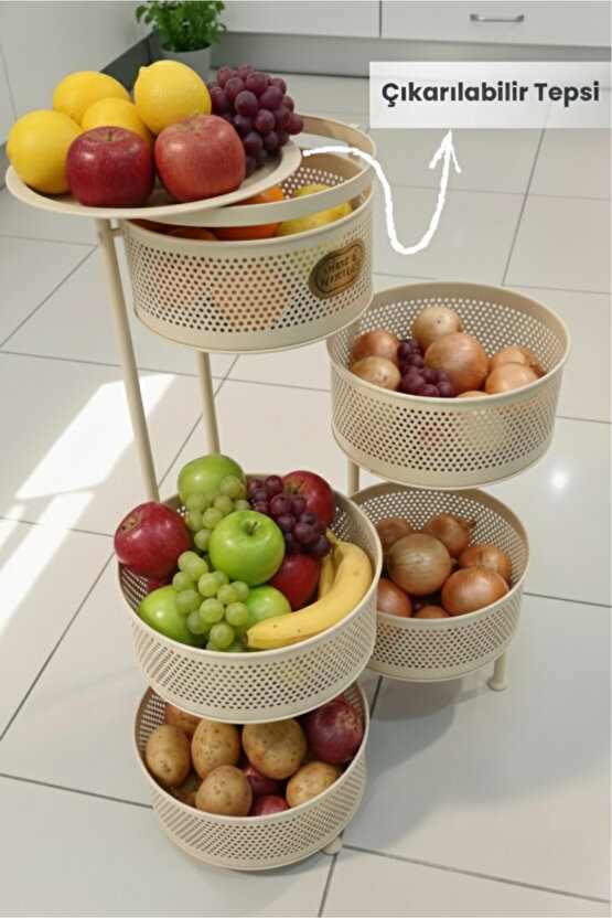 Metal Sebzelik 5 Katlı Tepsili Açılır Metal Patates Soğan Meyvelik Sepeti Rafı Krem