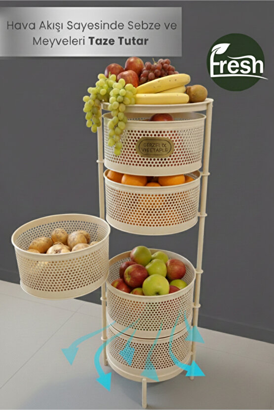 Metal Sebzelik 5 Katlı Tepsili Açılır Metal Patates Soğan Meyvelik Sepeti Rafı Krem