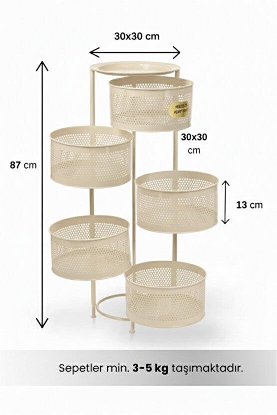 Metal Sebzelik 5 Katlı Tepsili Açılır Metal Patates Soğan Meyvelik Sepeti Rafı Krem