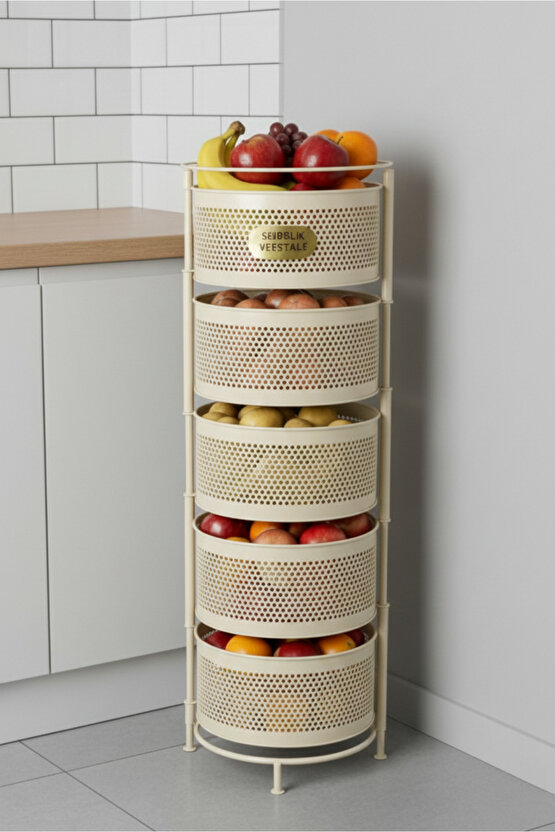 Metal Sebzelik 5 Katlı Tepsili Açılır Metal Patates Soğan Meyvelik Sepeti Rafı Krem