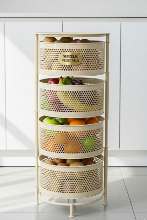 4 Katlı Tepsili Metal Sebzelik Açılır Metal Patates Soğan Meyvelik Sepeti Rafı Krem