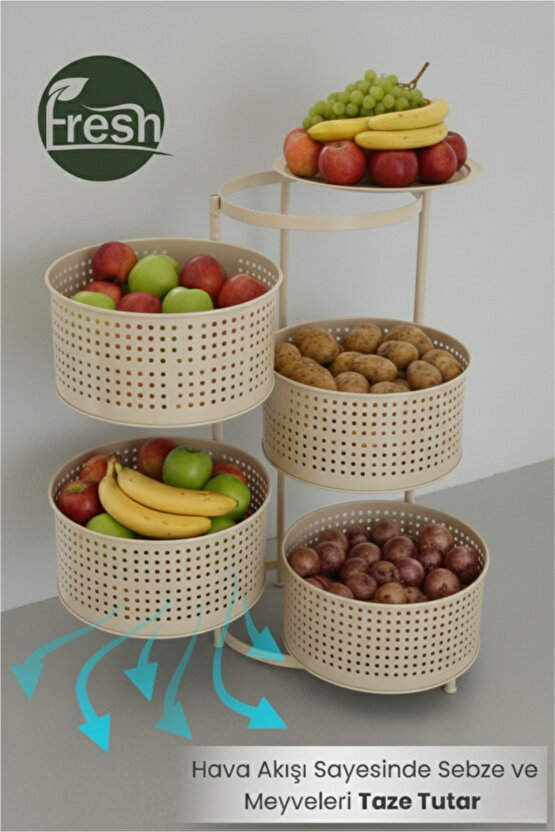 4 Katlı Tepsili Metal Sebzelik Açılır Metal Patates Soğan Meyvelik Sepeti Rafı Krem