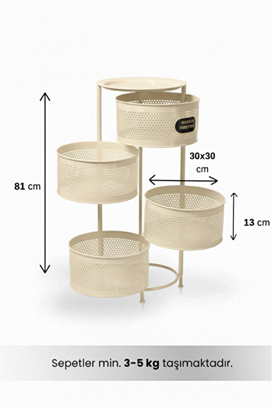 4 Katlı Tepsili Metal Sebzelik Açılır Metal Patates Soğan Meyvelik Sepeti Rafı Krem
