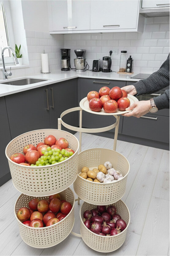 4 Katlı Tepsili Metal Sebzelik Açılır Metal Patates Soğan Meyvelik Sepeti Rafı Krem