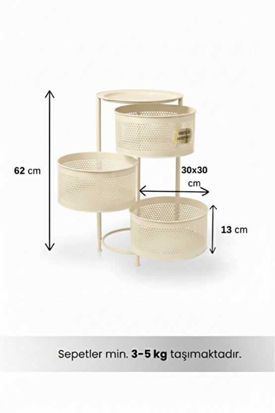 3 Katlı Tepsili Metal Sebzelik Açılır Metal Patates Soğan Meyvelik Sepeti Rafı Krem