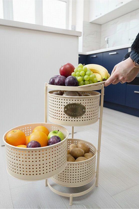 3 Katlı Tepsili Metal Sebzelik Açılır Metal Patates Soğan Meyvelik Sepeti Rafı Krem