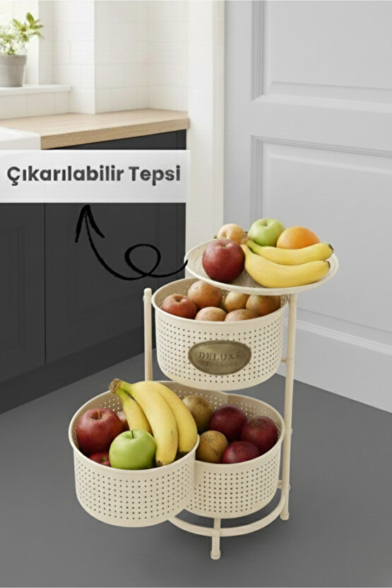 3 Katlı Tepsili Metal Sebzelik Açılır Metal Patates Soğan Meyvelik Sepeti Rafı Krem