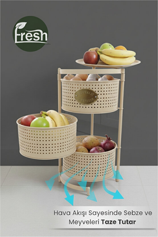 3 Katlı Tepsili Metal Sebzelik Açılır Metal Patates Soğan Meyvelik Sepeti Rafı Krem
