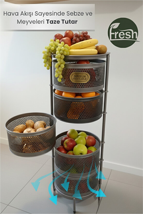 Metal Sebzelik 5 Katlı Tepsili Açılır Metal Patates Soğan Meyvelik Sepeti Rafı Antrasit Gri