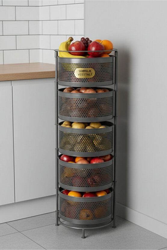 Metal Sebzelik 5 Katlı Tepsili Açılır Metal Patates Soğan Meyvelik Sepeti Rafı Antrasit Gri