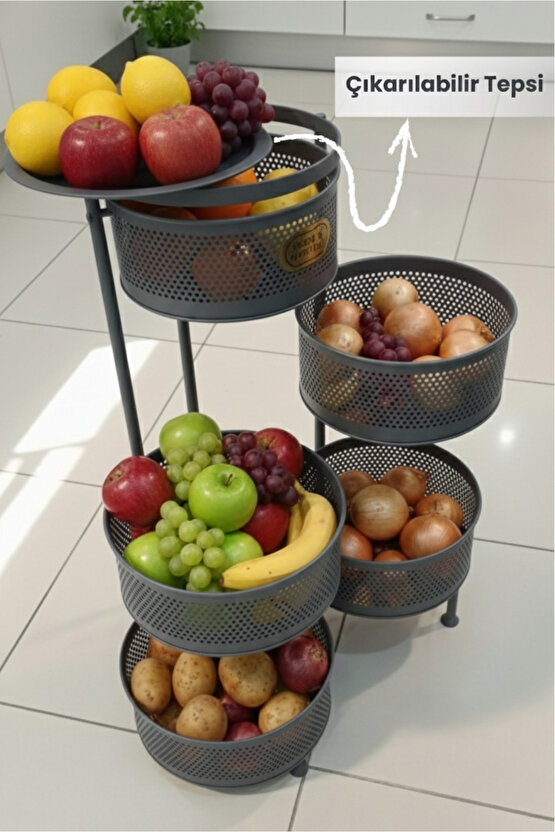 Metal Sebzelik 5 Katlı Tepsili Açılır Metal Patates Soğan Meyvelik Sepeti Rafı Antrasit Gri