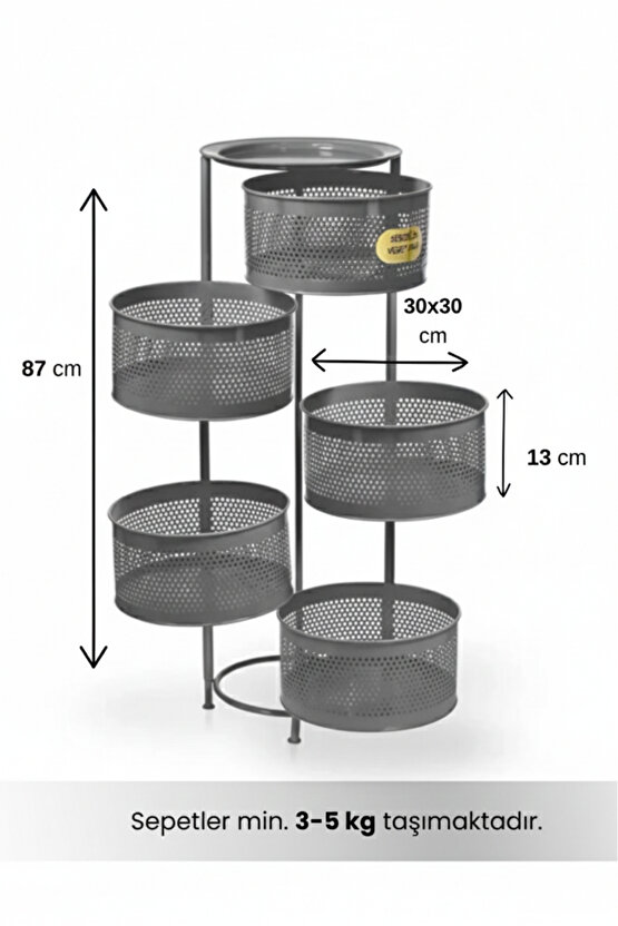 Metal Sebzelik 5 Katlı Tepsili Açılır Metal Patates Soğan Meyvelik Sepeti Rafı Antrasit Gri