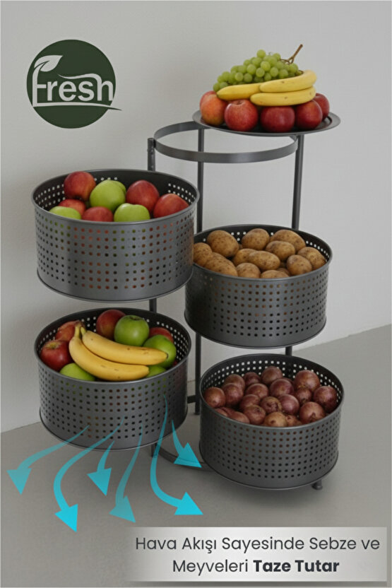 4 Katlı Tepsili Metal Sebzelik Açılır Metal Patates Soğan Meyvelik Sepeti Rafı Antrasit Gri