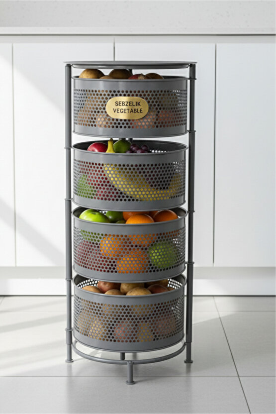 4 Katlı Tepsili Metal Sebzelik Açılır Metal Patates Soğan Meyvelik Sepeti Rafı Antrasit Gri