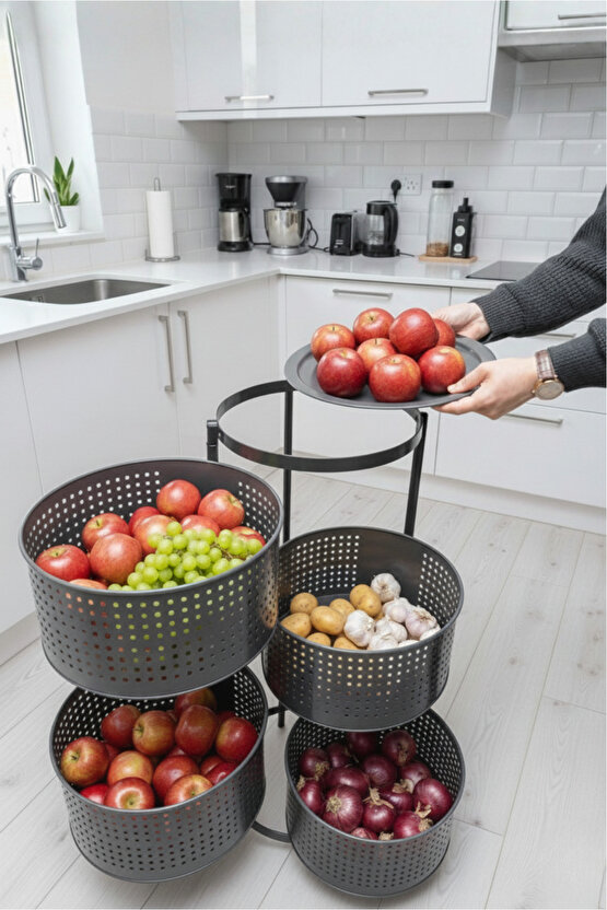 4 Katlı Tepsili Metal Sebzelik Açılır Metal Patates Soğan Meyvelik Sepeti Rafı Antrasit Gri