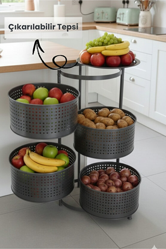 4 Katlı Tepsili Metal Sebzelik Açılır Metal Patates Soğan Meyvelik Sepeti Rafı Antrasit Gri