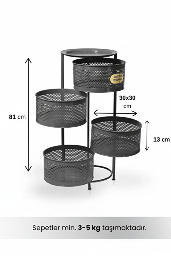 4 Katlı Tepsili Metal Sebzelik Açılır Metal Patates Soğan Meyvelik Sepeti Rafı Antrasit Gri
