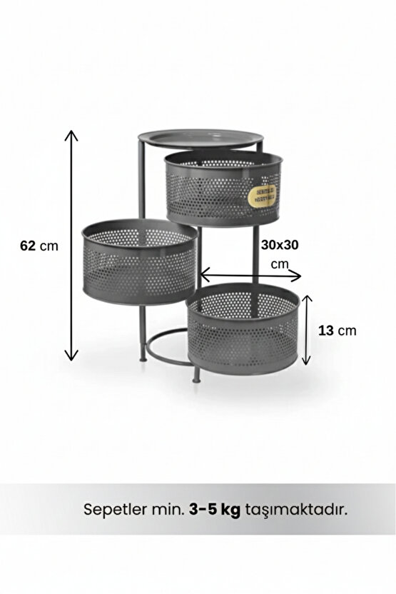 3 Katlı Tepsili Metal Sebzelik Açılır Metal Patates Soğan Meyvelik Sepeti Rafı Antrasit Gri