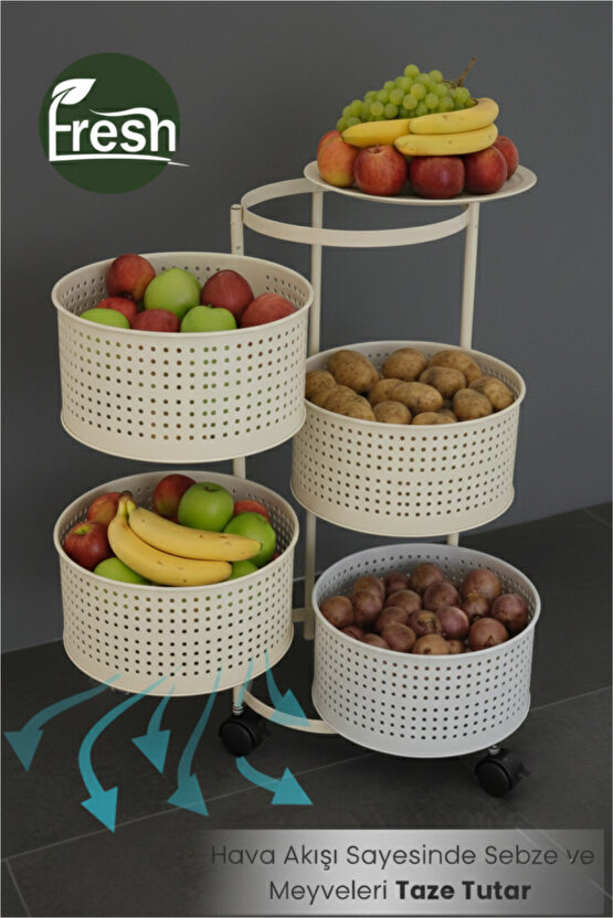 4 Katlı Tekerlekli Tepsili Metal Sebzelik Açılır Patates Soğan Meyvelik Sepeti Raf KREM