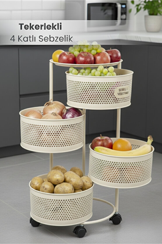 4 Katlı Tekerlekli Tepsili Metal Sebzelik Açılır Patates Soğan Meyvelik Sepeti Raf KREM