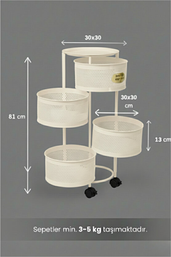 4 Katlı Tekerlekli Tepsili Metal Sebzelik Açılır Patates Soğan Meyvelik Sepeti Raf KREM