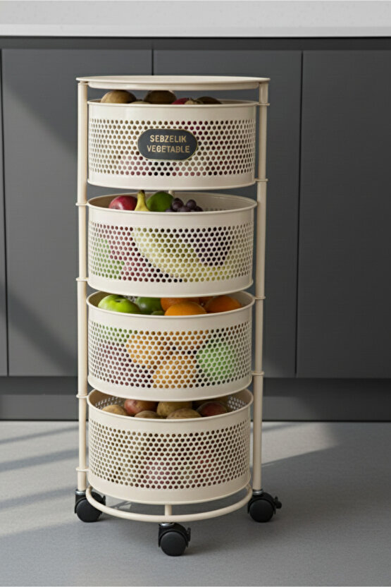 4 Katlı Tekerlekli Tepsili Metal Sebzelik Açılır Patates Soğan Meyvelik Sepeti Raf KREM