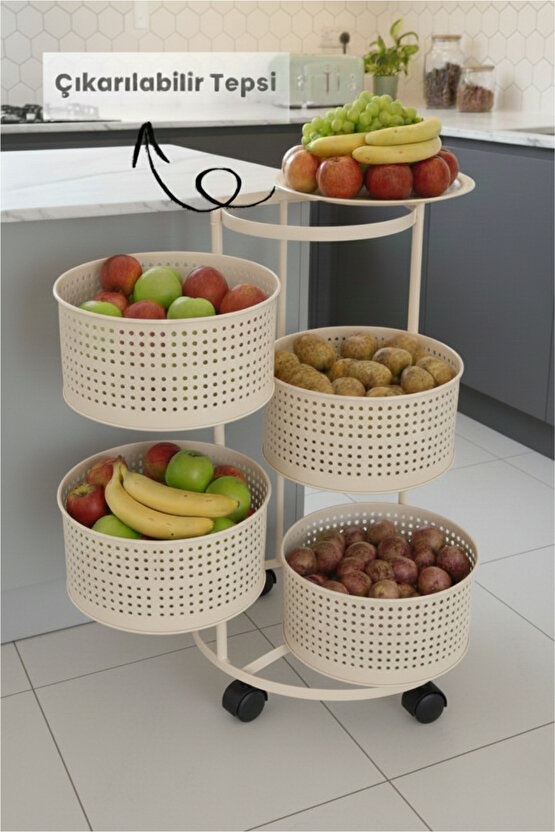 4 Katlı Tekerlekli Tepsili Metal Sebzelik Açılır Patates Soğan Meyvelik Sepeti Raf KREM