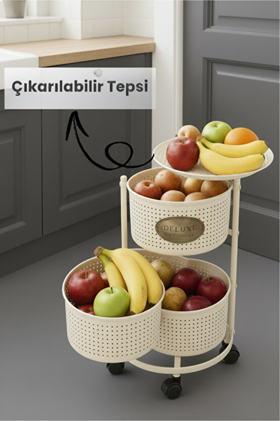 3 Katlı Tekerlekli Tepsili Metal Sebzelik Açılır Patates Soğan Meyvelik Sepeti Raf KREM