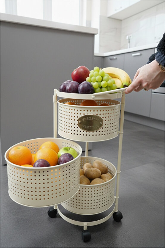 3 Katlı Tekerlekli Tepsili Metal Sebzelik Açılır Patates Soğan Meyvelik Sepeti Raf KREM