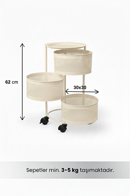 3 Katlı Tekerlekli Tepsili Metal Sebzelik Açılır Patates Soğan Meyvelik Sepeti Raf KREM