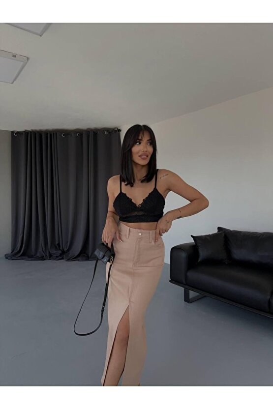 Kadın Gabardin Önden Yırtmaçlı Kahverengi Uzun Etek