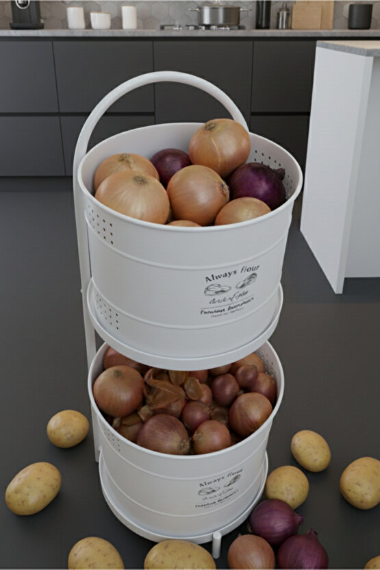 Beyaz Maxi Metal Patates Soğanlık Dev Boy Patates Soğan Saklama Kovası Sebzelik