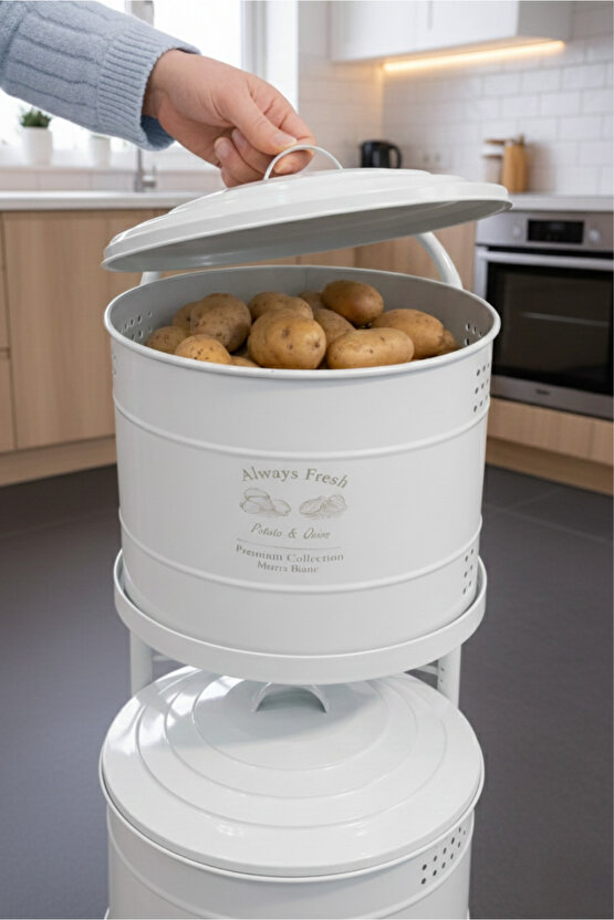 Beyaz Maxi Metal Patates Soğanlık Dev Boy Patates Soğan Saklama Kovası Sebzelik