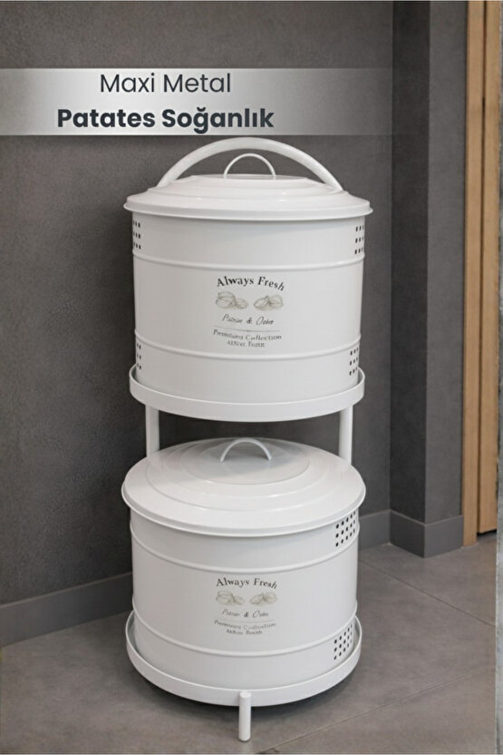 Beyaz Maxi Metal Patates Soğanlık Dev Boy Patates Soğan Saklama Kovası Sebzelik