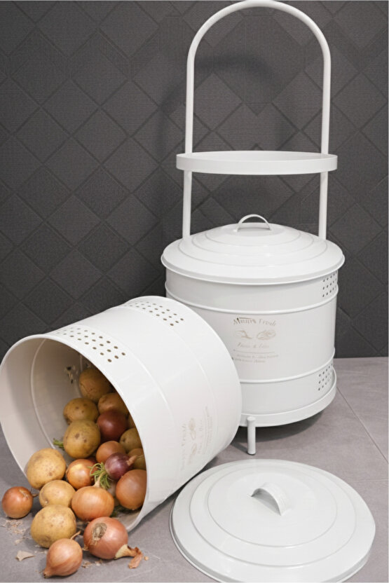Beyaz Maxi Metal Patates Soğanlık Dev Boy Patates Soğan Saklama Kovası Sebzelik